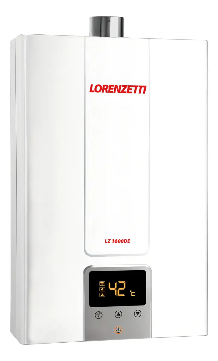 Aquecedor a gás Lorenzetti LZ 1600DE com painel digital mostrando a temperatura da água em 42 graus