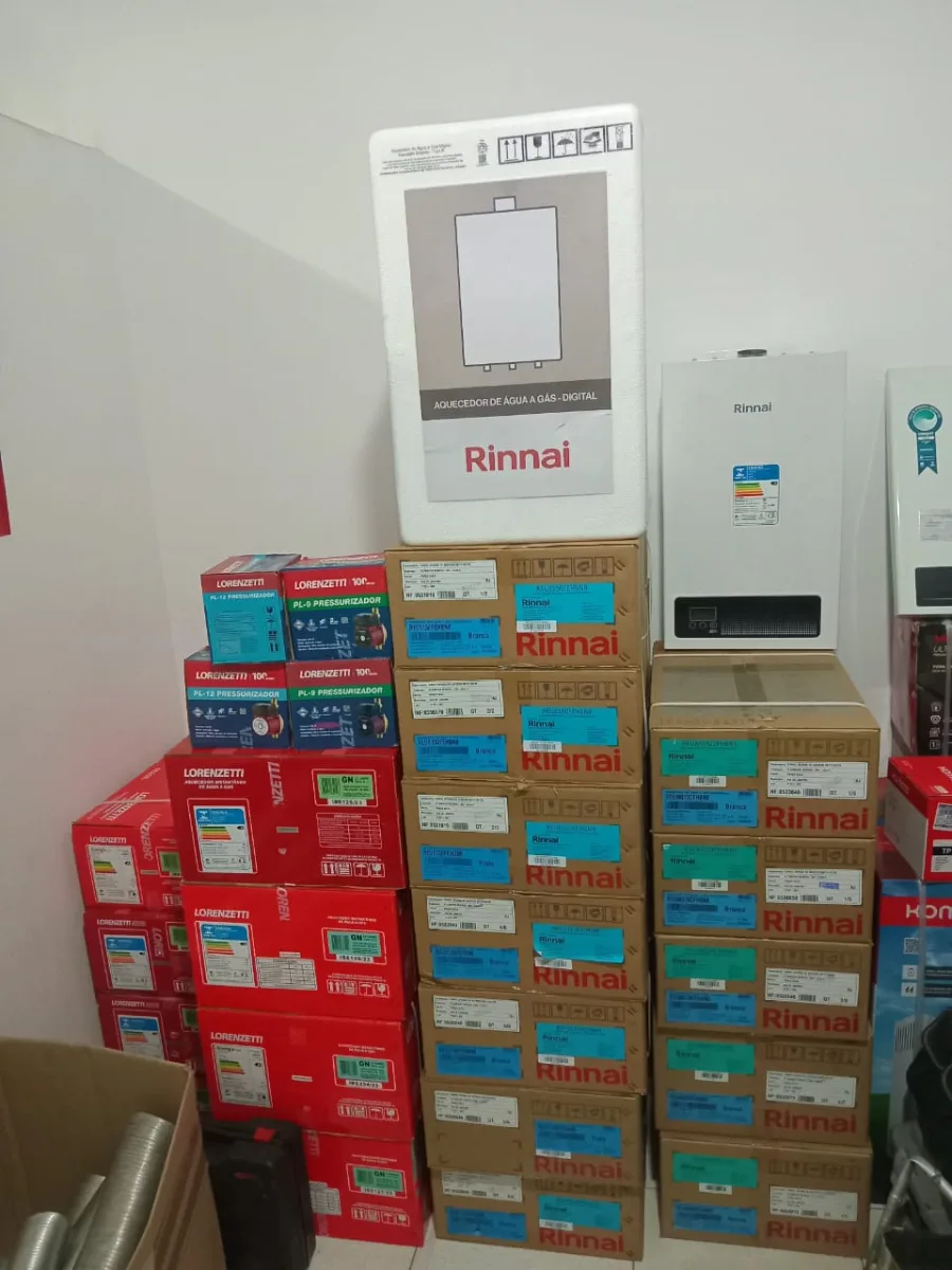 Aquecedores a gás Rinnai novos e embalados no estoque da TecDaniel's